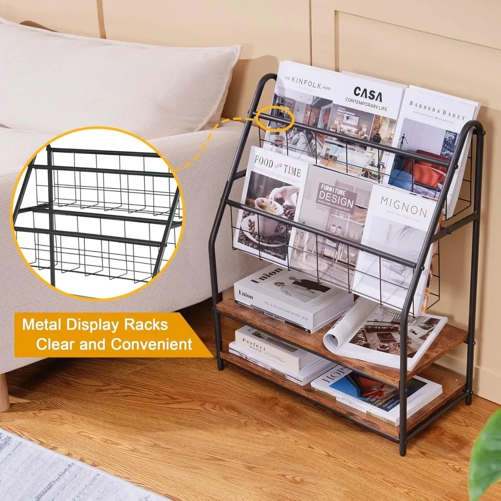 Magazine Holder Floor,2-Tier Metal Magazine Racks, Newspaper Display Stand with Board Shelves for Books and Brochure in Home 4
