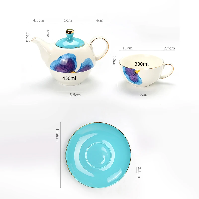 Ceramic Tea for One Set, Teapot with Infuser and Cup Set for One, Blue Flowers/Yellow Butterfly Tea Set with Honey Dipper Stick