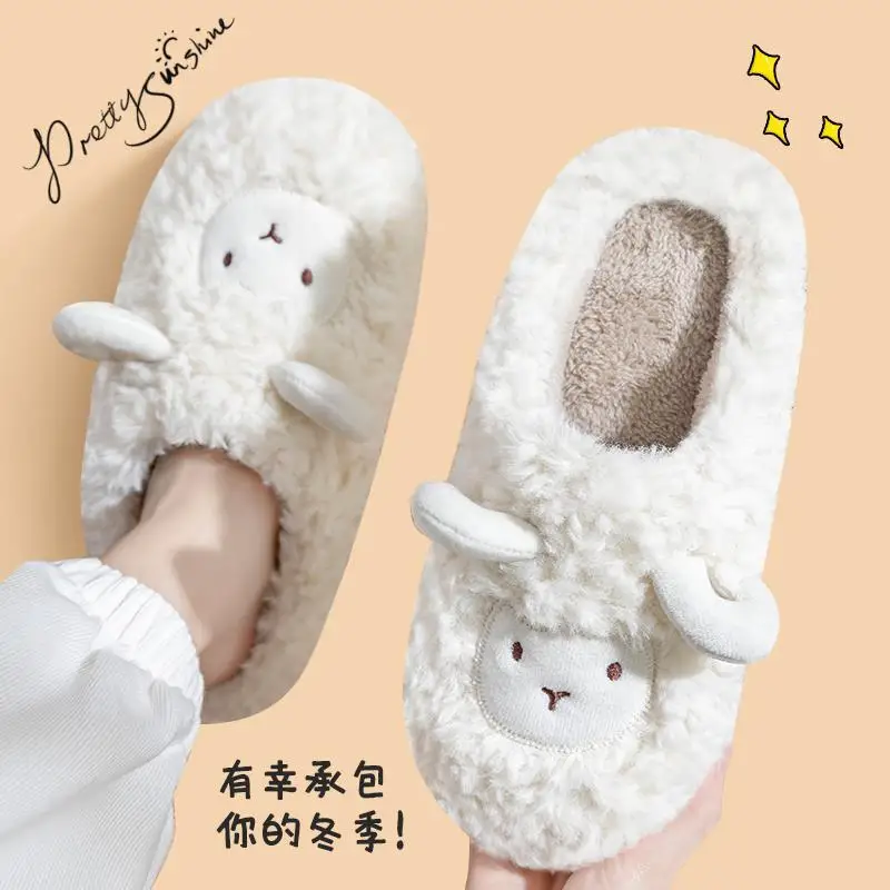 

Women Cotton Slippers Cute Cartoon Couples Winter Warm Shoes Soft Plush Indoor Home Floor Footwear Female Male Fluffy Slides