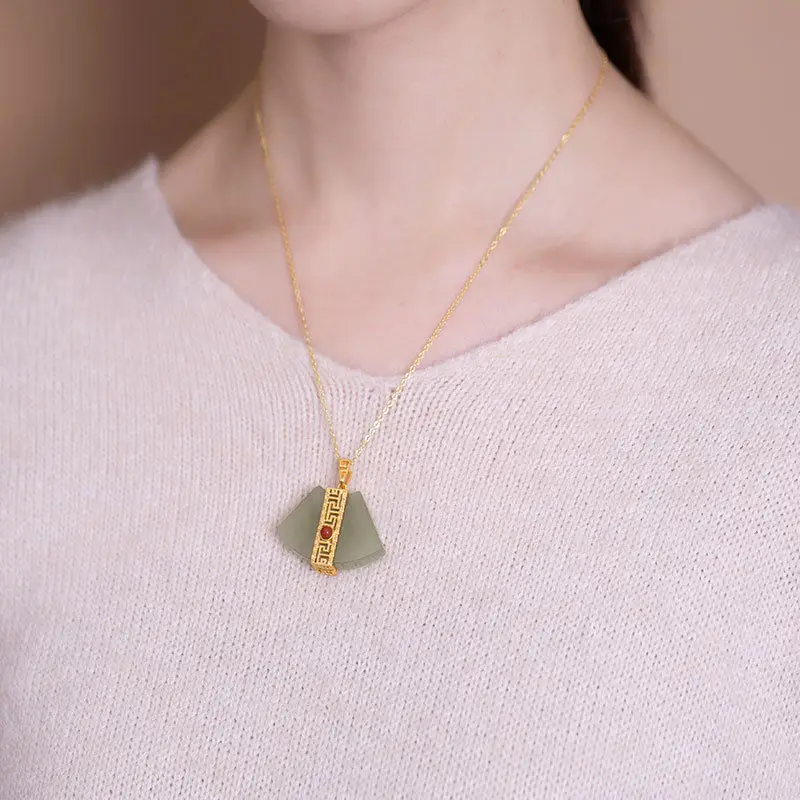 S925 Sterling Silver Gold Plated High-Grade Natural Hetian Jade Gray Jade Personality Fan-Shaped Ladies with Chain Ornament