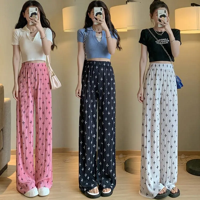 Cross Printed Wide Leg Pants for Women with High Waisted and Slim Straight Leg Pants with A Sense of Drape and FloorMop Bending pattern printing cross texture leather wallet phone shell with strap for lg velvet paw