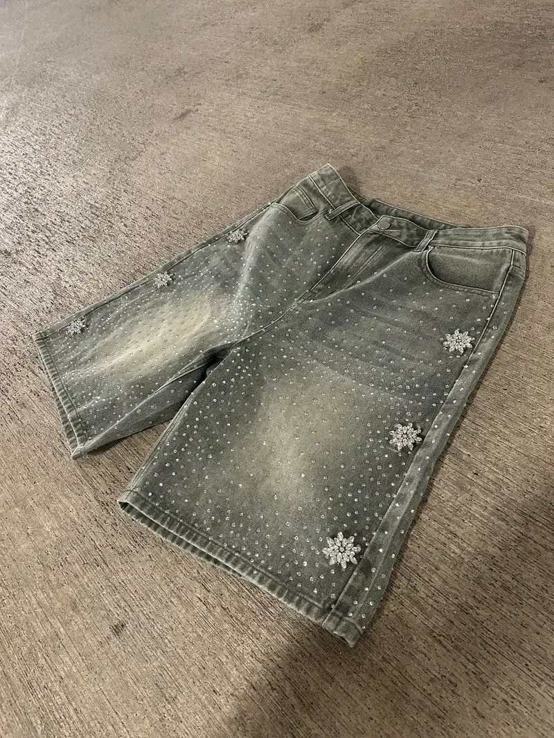 Retro rhinestone design denim shorts for men summer y2k minimalist beach bodybuilding casual couple wide leg shorts