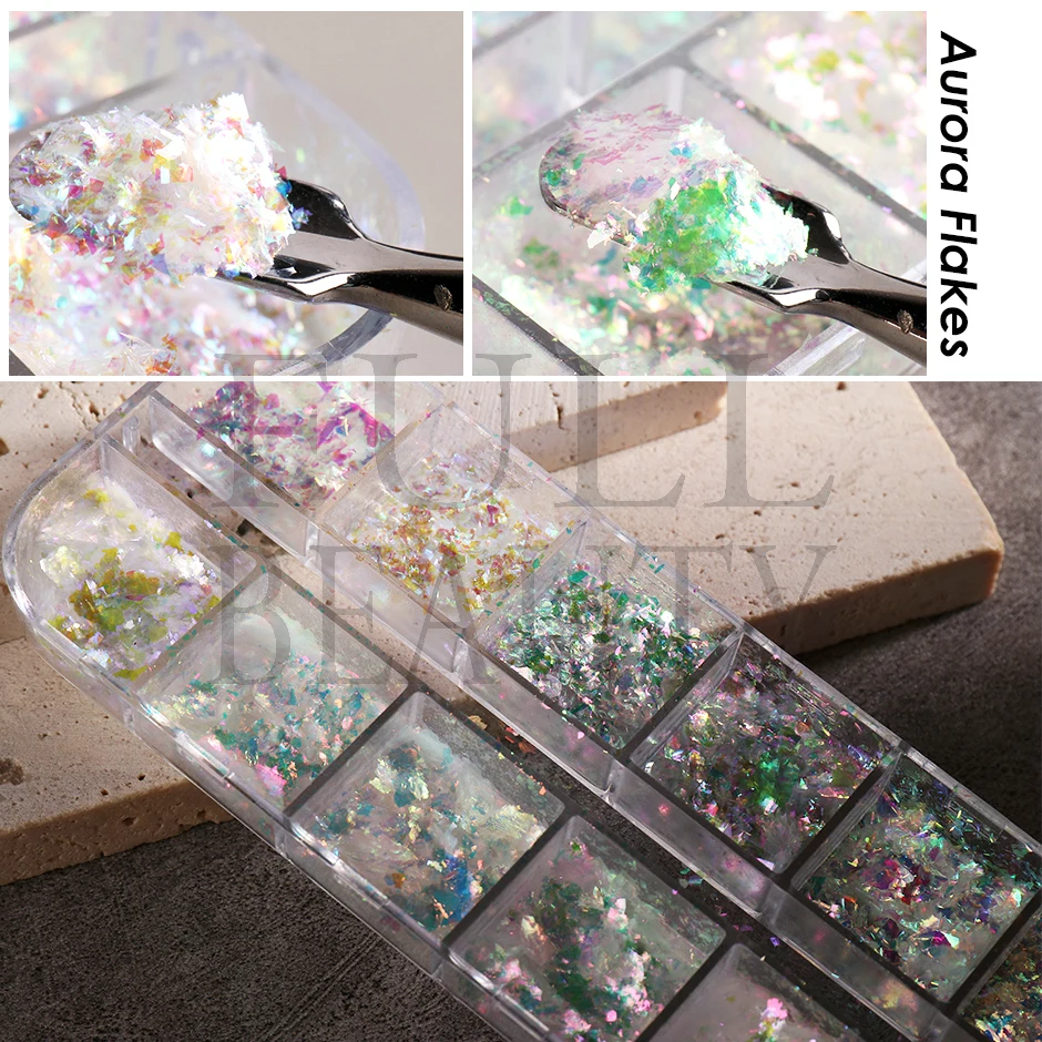 12 Grids Iridescent Nails Aurora Glitter Crystal Fire Flakes Holographic Sparkle Sequins Charms Gel Polish Manicure Flash CHJDP