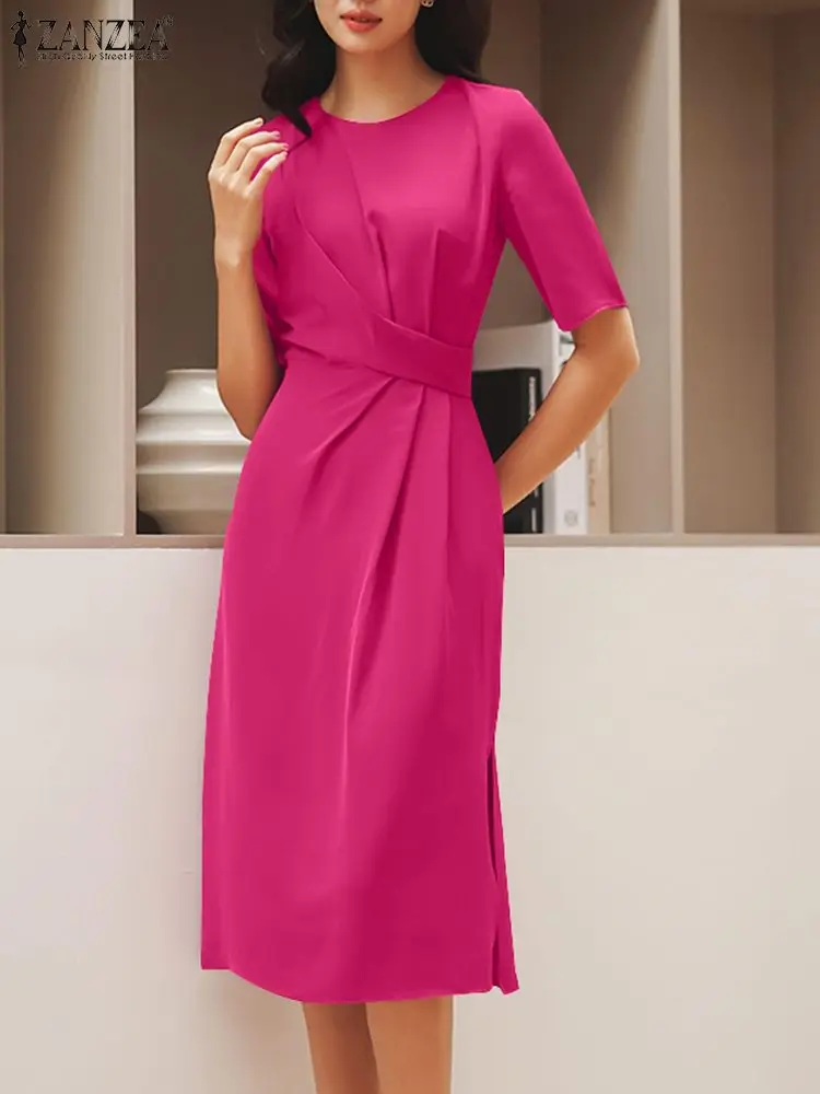 

Женское однотонное платье-миди с коротким рукавом, элегантный сарафан ZANZEA с перекрестным поясом, повседневные свободные плиссированные длинные платья, лето 2024
