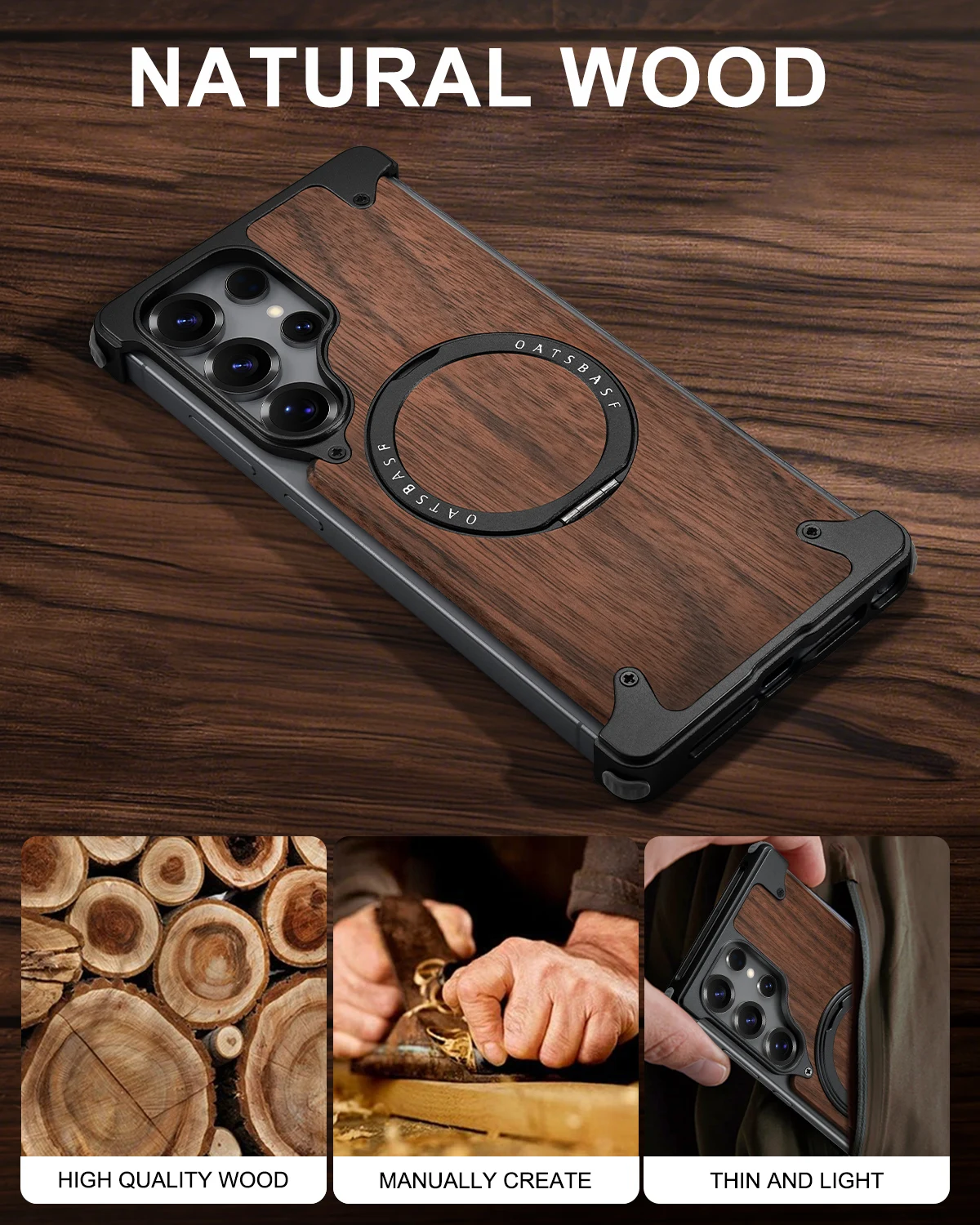 Eary Premium Wood Phone Case for Samsung Galaxy S25 S24 Ultra With Magsafe 360° Rotation Ring Stand Frameless Protective Bumper