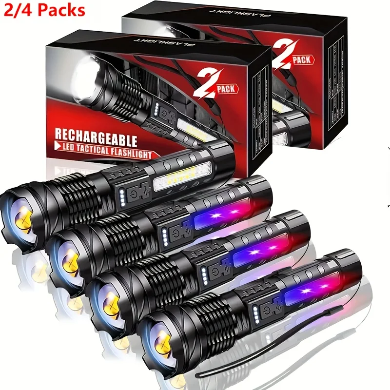 2/4pcs LED Flashlights, High Lumen Tactical Flashlight with COB Side Light, 7 Lighting Modes, Flash, Strobe, Zoomable Flashlight