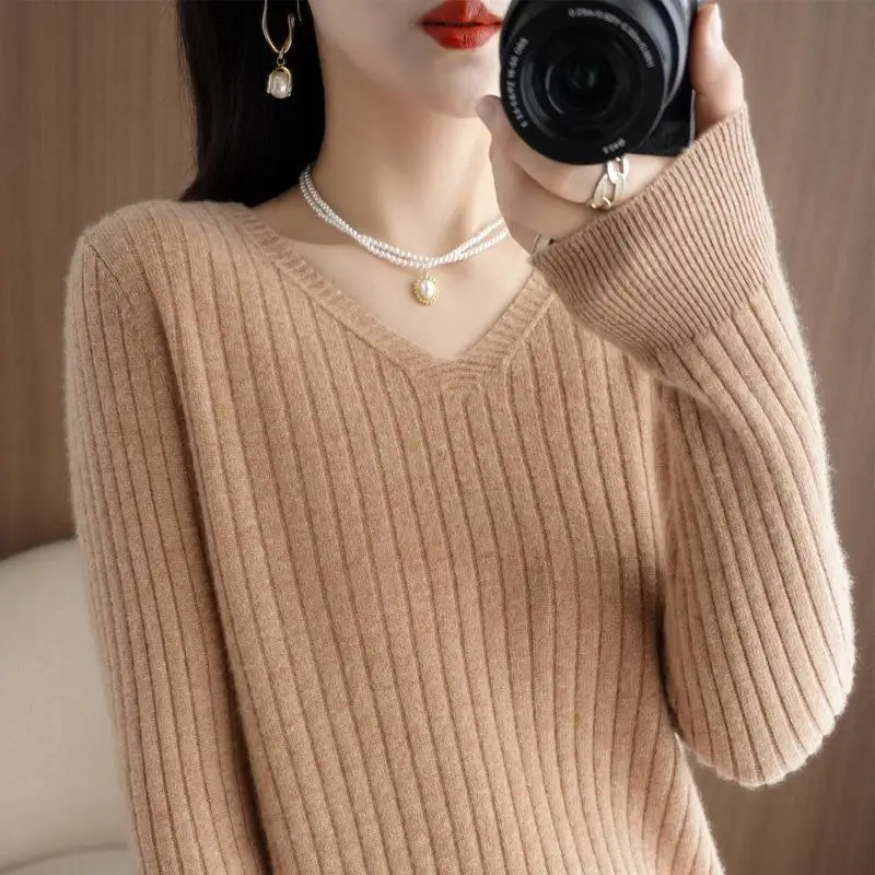 

Women Sweater 2023 Autumn Winter Warm Basic Pullover Casual V-neck Stripe Bottoming Shirts Long Sleeve Causal Korean Knit Jumper