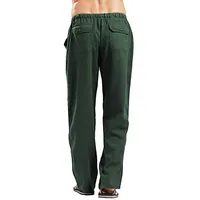 Men Casual Linen Work Pants Summer Spring Solid Green Brown Straight Golf Long Pants - Image 5