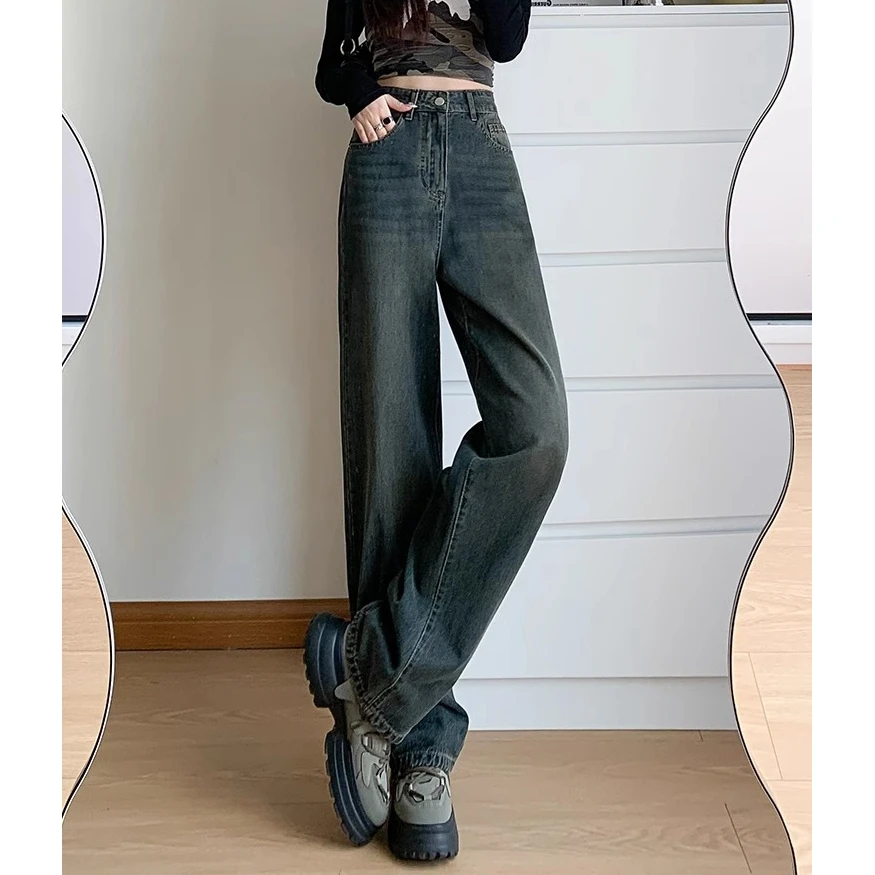 American retro cement gray wide-leg jeans female spring 2024 new high-waisted thin loose straight drag pants