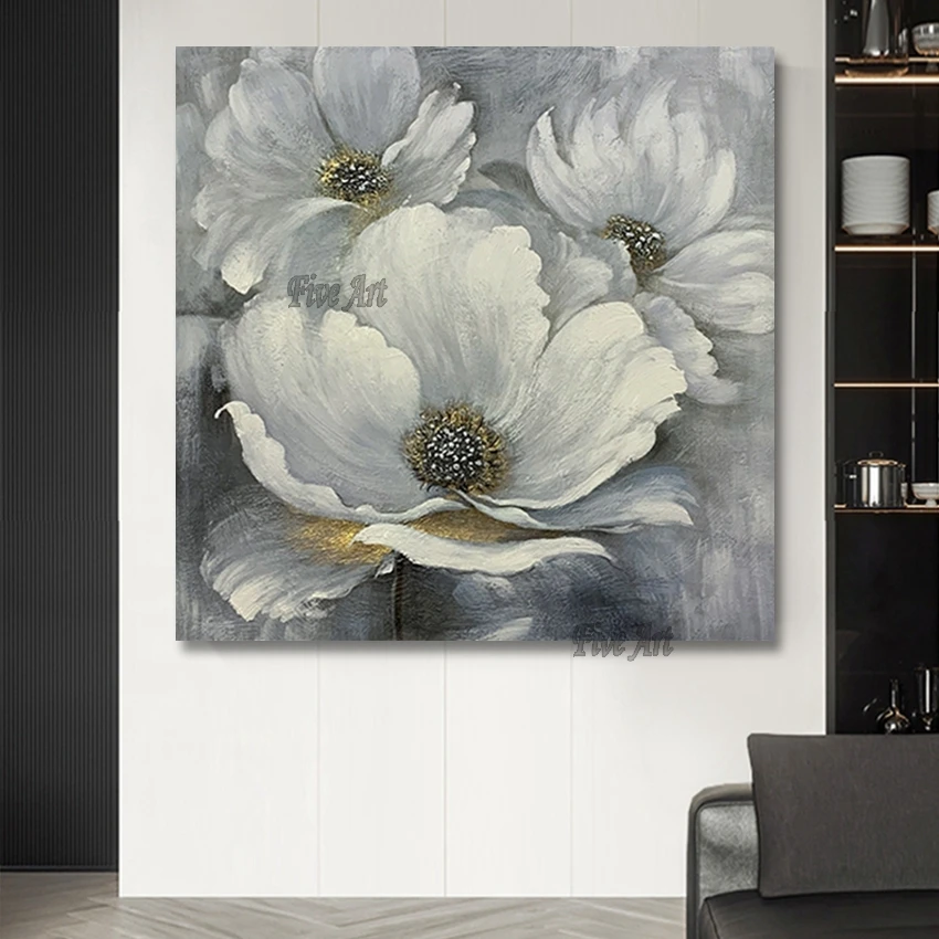 

Unframed Wall Art Decor Acrylic White Abstract Flower Art Oil Painting Canvas Wall Pictures Showpiece For Home Decoration