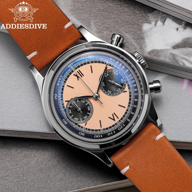 ADDIESDIVE Men watches Quartz Wristwatch Sport waterproof 100m Chronograph AR Coating VK64 Movement Retro Leather Watch New 5