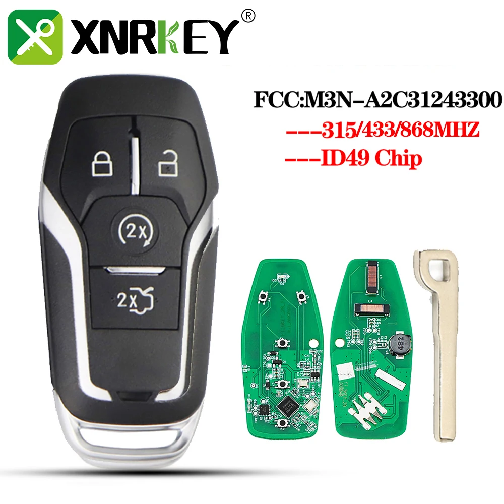 

XNRKEY 4 Button Remote Key ID49 Chip 315/433/868Mhz FCC M3N-A2C31243300 for Ford Mondeo Explorer Mustang Focus Fusion Car Key