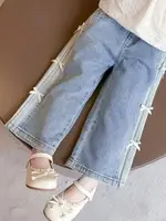 Spring Sle Kids Jeans Girls Casual Wide Leg Pants Straight Cut Children Faionable Trendy Rabbit Fur Fabric Leisure Trousers