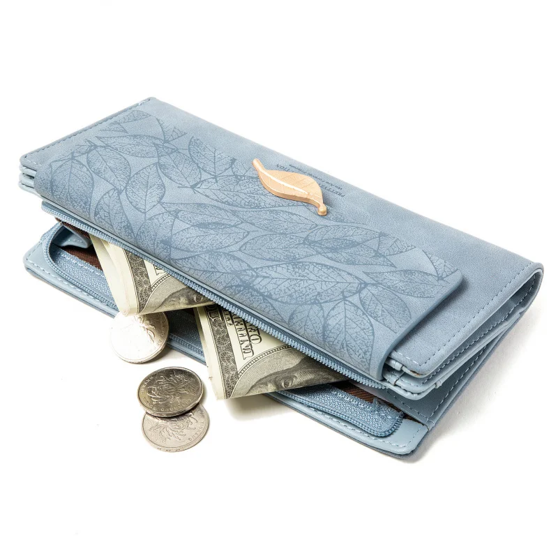 Women's Long Wallet Vintage Matte Metal Leaf Buckle Clutch Foldable Ladies Leather Purse