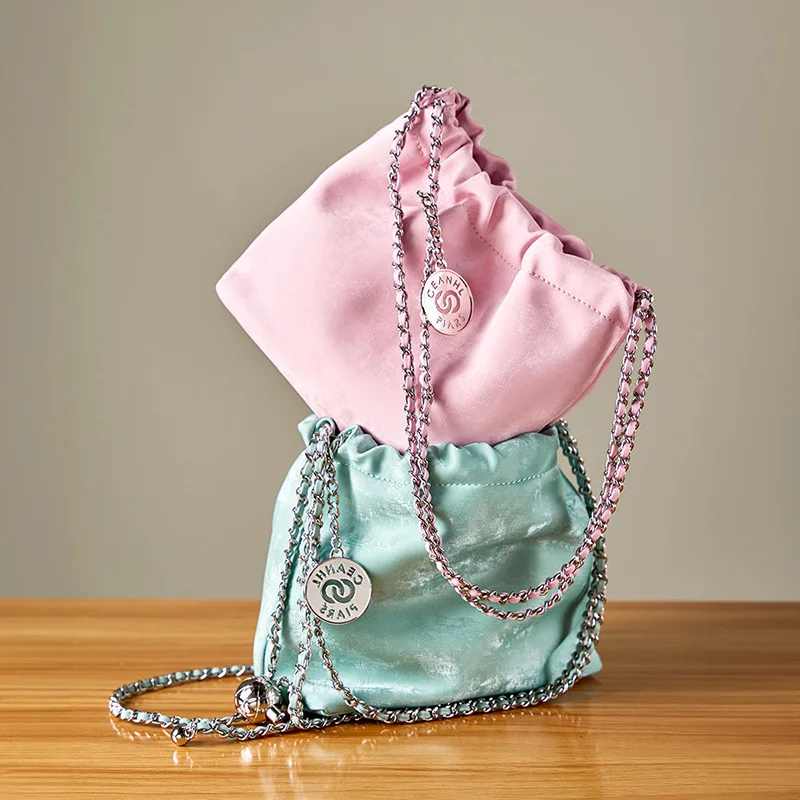 New Chinese silk cowhide garbage bag chain women's Guofeng shoulder crossbody small large capacity bucket bag tide
