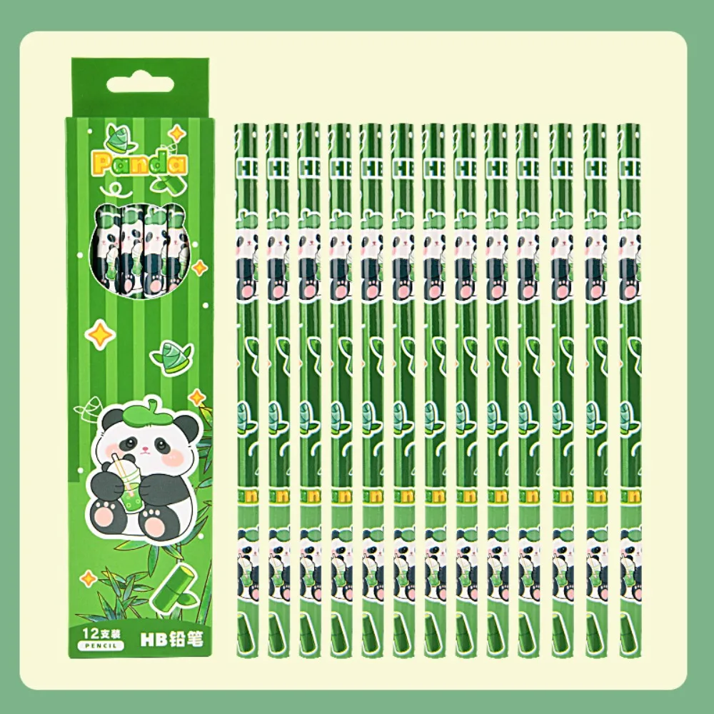Set of 12 Cute Panda Sketch Pens - Cartoon Wood Stationery