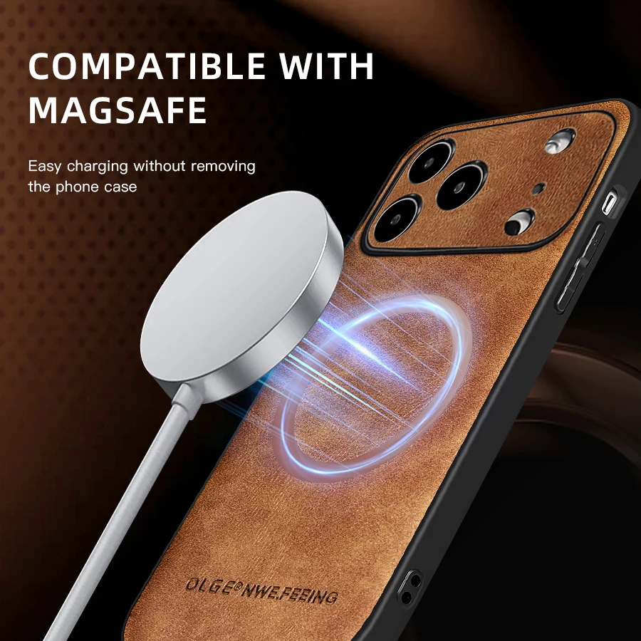 Luxury Textured Leather Phone Case with Wireless Charging & Magnetic Cover