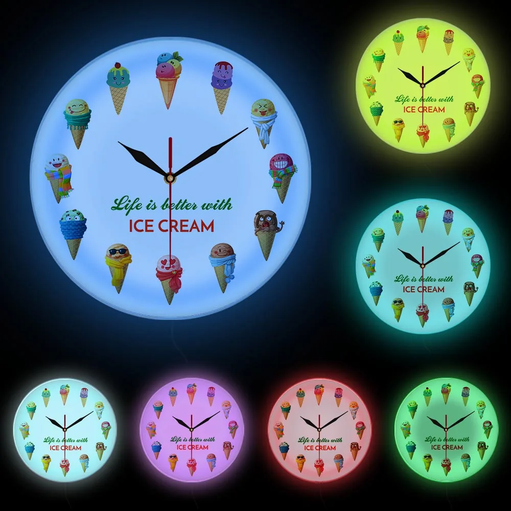 Life is better with ICE CREAM Cartoon Ice Cream Printed Dessert Wall Clock Kid Room Nursery Wall Art Kitchen Clock Wall Watch 6