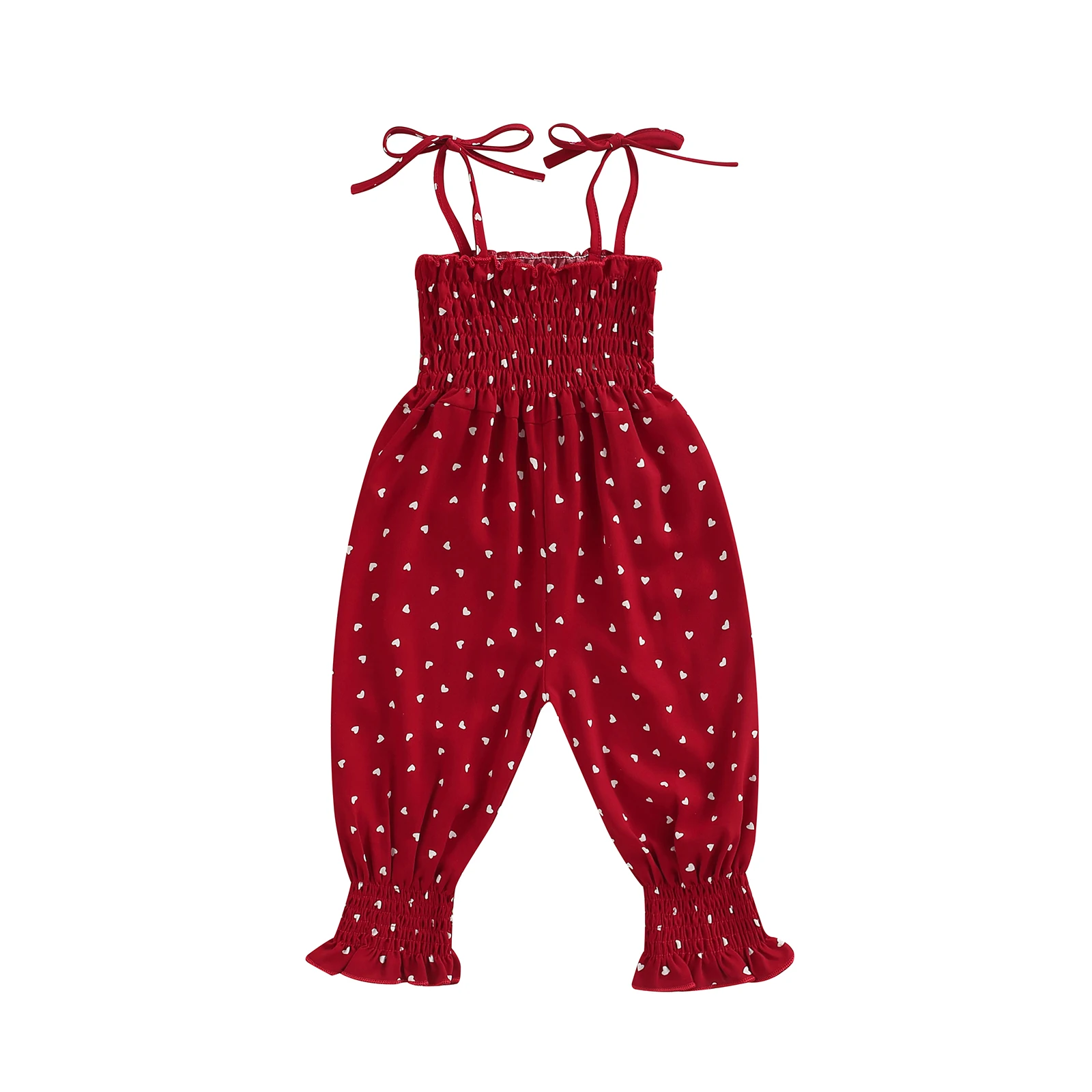 2022 0-4Y Summer Toddler Girl Sling Jumpsuit Heart/Leopard Printed Pleated Tie-Up Simple Style Overalls Casual Sweet Romper bright baby bodysuits	 Baby Rompers