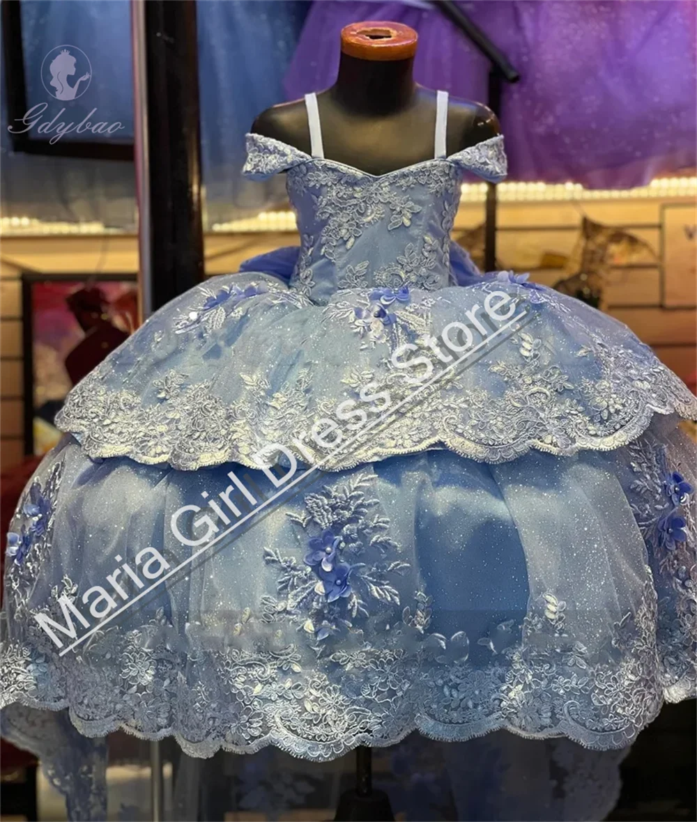 Light Blue Flower Girls Dress Lace Appliqu&eacute; Fluffy Tulle For Little Girl Costumes First Communion Prom Wedding Gown flower girl dresses