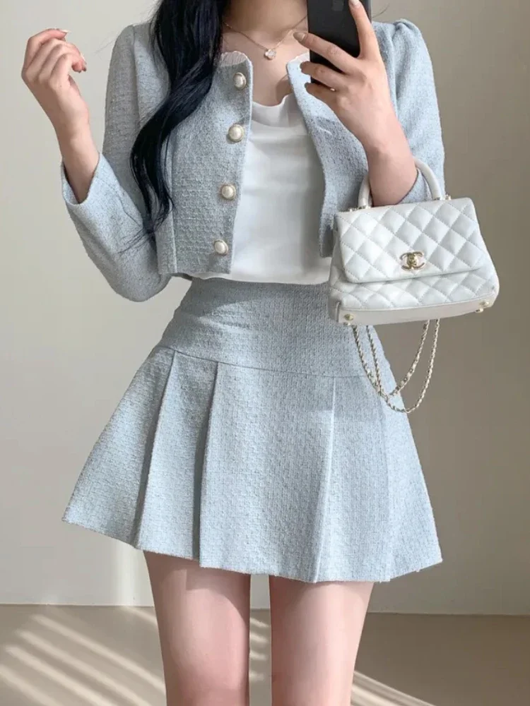 

Fashion Korea Elegant Tweed Small Fragrance Short Jacket Cropped Coats + High Waist Mini Skirts Suits Slim Women Two Piece Sets