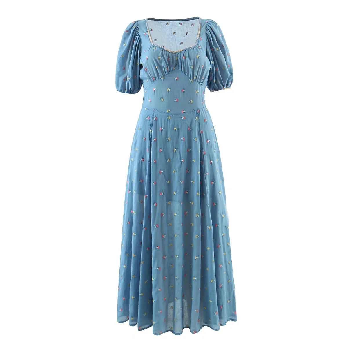 

AYUALIN Boho Maxi Dresses Women Vintage Puff Sleeve Cotton Floral Embroidery Party Long Dress 2022 Summer Vestidos Blue/white