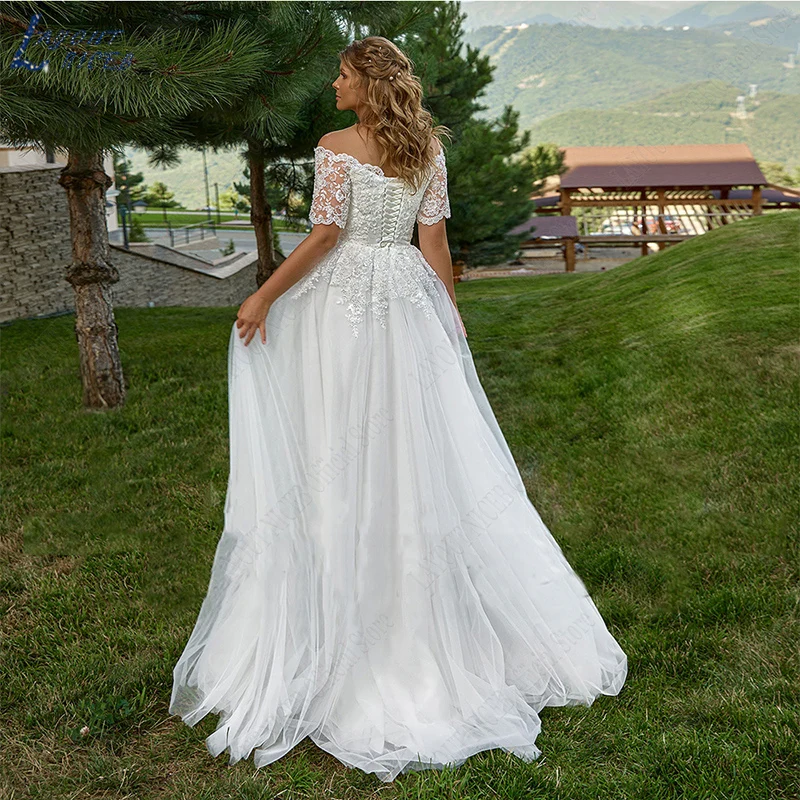 LAYOUT NICEB Elegant Boho Wedding Dresses For Woman Short Sleeves Off Shoulder Lace Applique Bride Gowns Boat Neck Plus Size wedding dresses