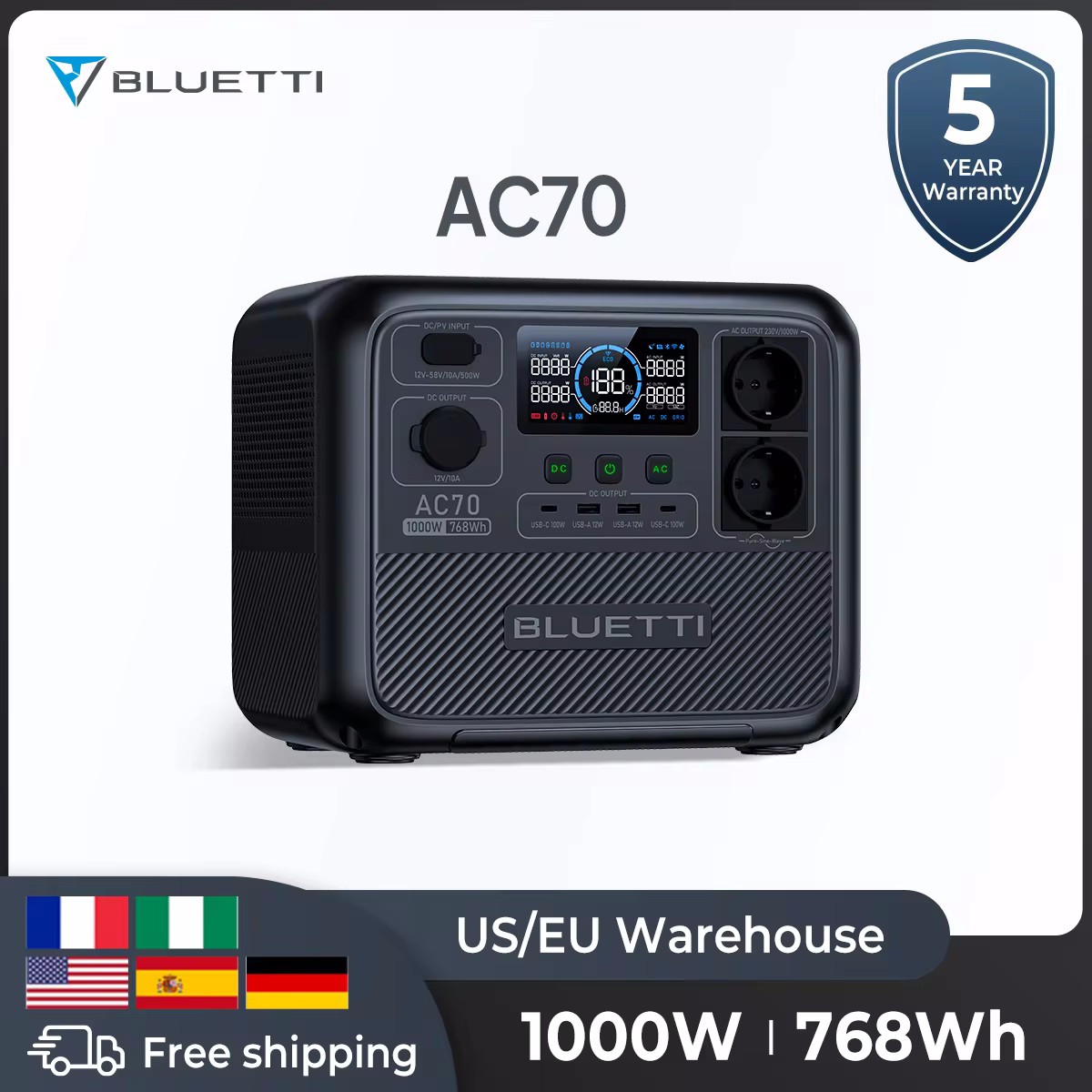 EU Plug Bluetti AC70 Portable Power Station 1000W 768Wh LiFePO4 Battery Solar Generator For Camping Fishing TV Energy Power Bank