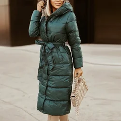 Women Elegant Print Hooded Down Coat Fall Fashion Button Lace-up Long Jacket Winter Casual Long Sleeve Pocket Straight Outerwear