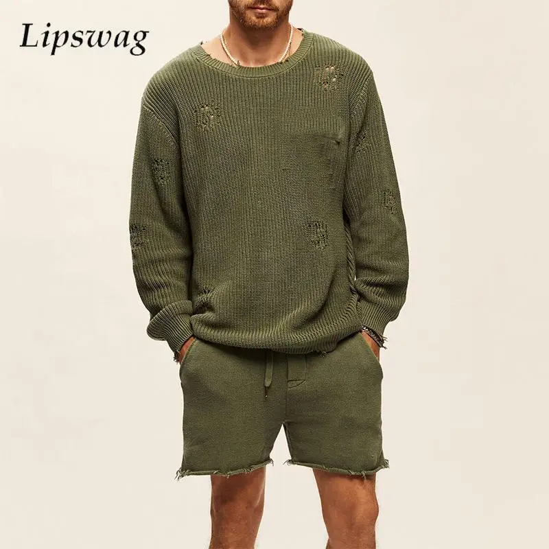 

Casual Knitwear Men Two Piece Sets Long Sleeve O Neck Tops And Shorts Mens Knitted Suits Autumn Vintage Outfits Men's Streetwear