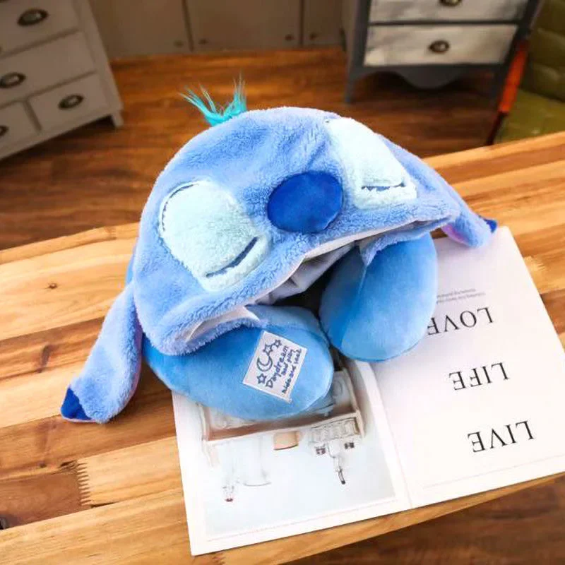 Disney Stitch Winnie Cartoon Soft Hooded U-Shape Pillow Travel Pillow Plus Hat Cushion Soft Nursing Adult Kids Pillow Gift 5