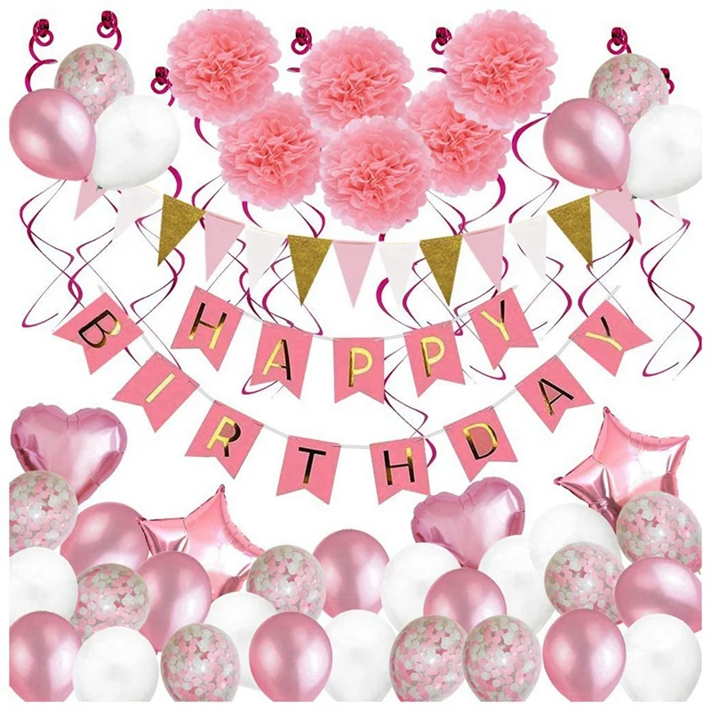 

Birthday Decorations, 79 Pcs Balloons Party Decoration For Girl Women With Pink Happy Birthday Banner Party Supplies