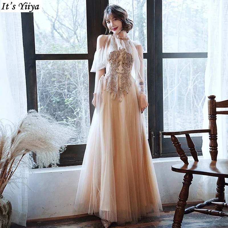 

It's Yiiya Evening Dress Champagne Applique Tulle Halter Half Sleeve Zipper Back A-line Floor-length Plus size Party Formal Gown