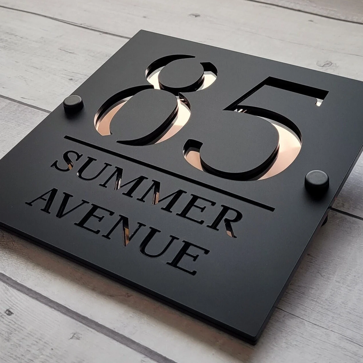 Modern Style Outdoor House Wall Plaque House Number and Name 180mm x 180mm Matte Black & Mirror Gold Plate