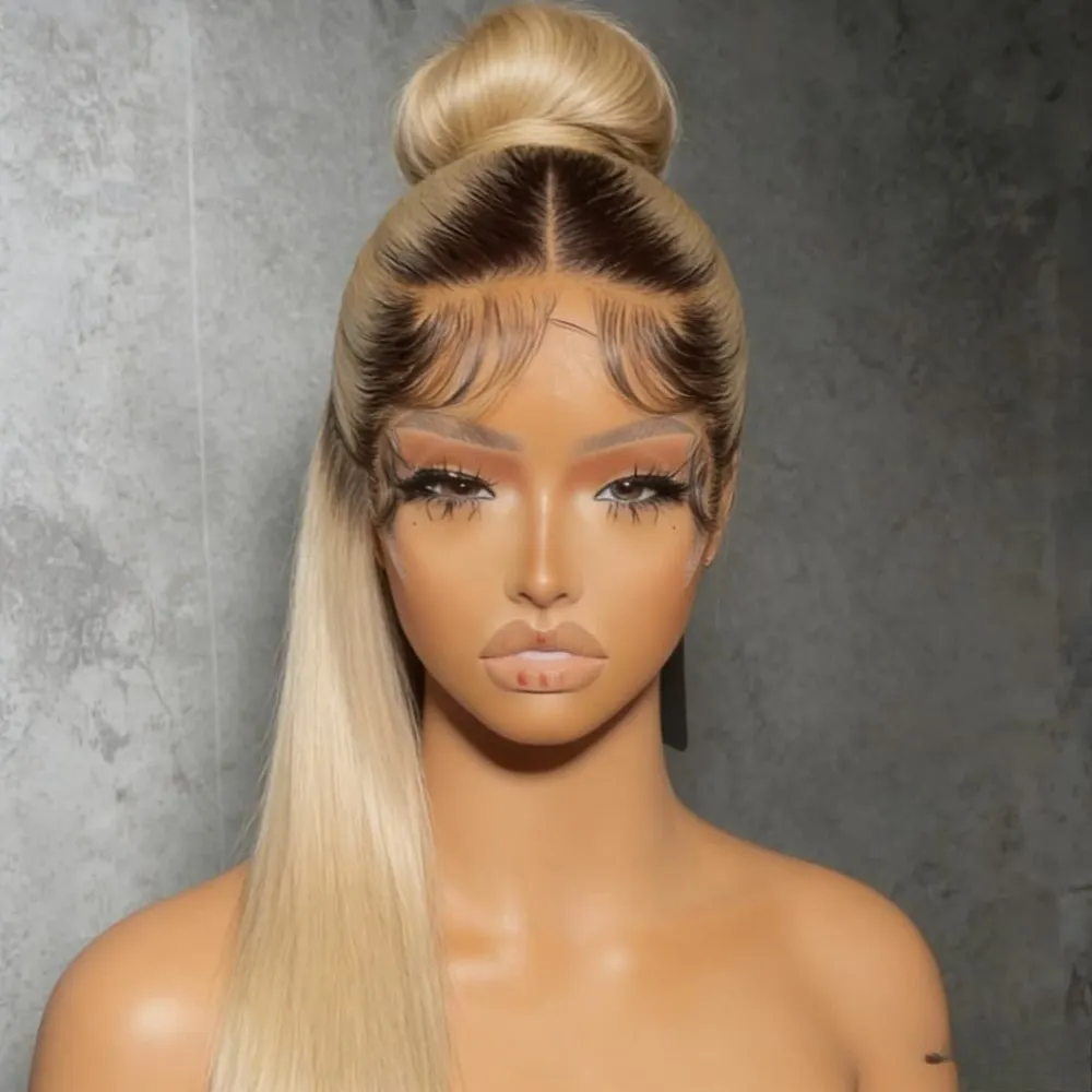 Ombre Brown Roots Ash Blonde Wig 13x4 HD Straight Lace Front Wig Human Hair 200 Density Human Hair Wig for Women Beginners 3