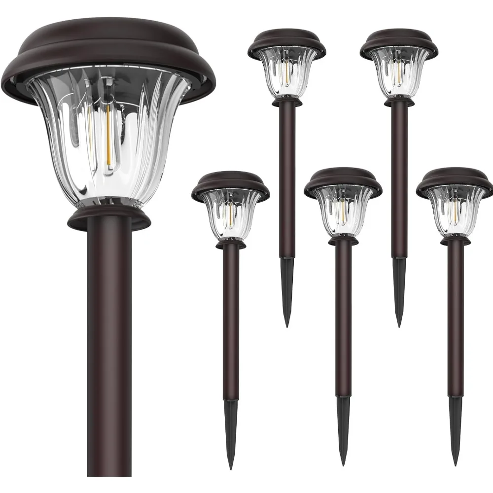 Solar Lights Outdoor 6 Pack, Stainless Steel Glass Solar Pathway Lights, Auto On/Off Long-Lasting IP65 Waterproof 2
