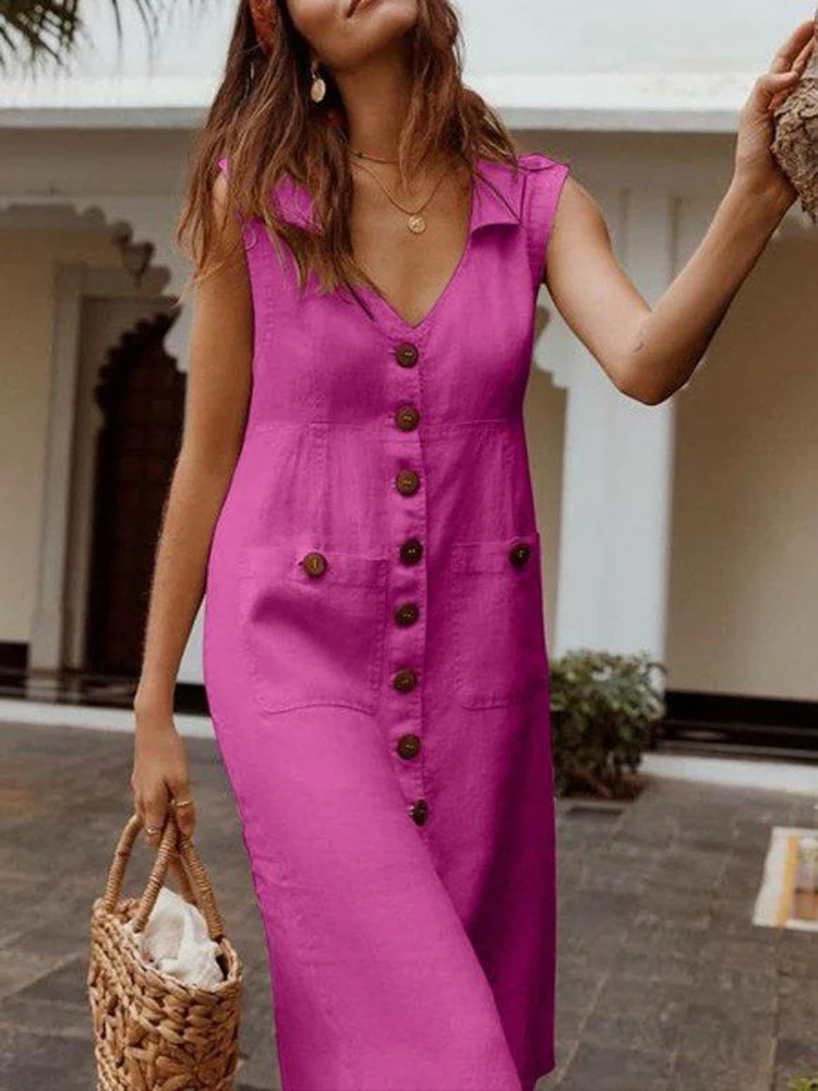 Women Casual V Neck Sleeveless Double Pocket Dress