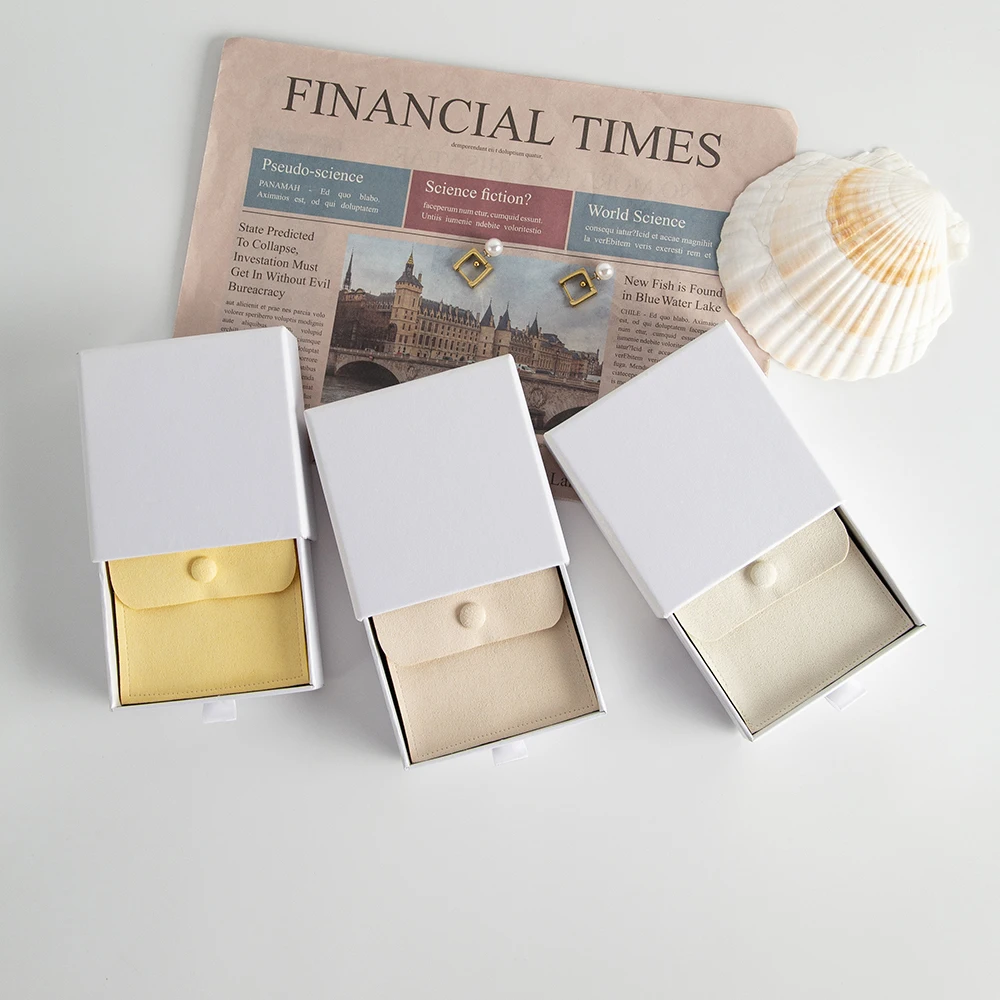 White Drawer Jewelry 9x9x1.7cm Box Inside With 8x8cm Microfiber Button Bag Wedding Valentine's Day Candy Storage DIY Gift Set