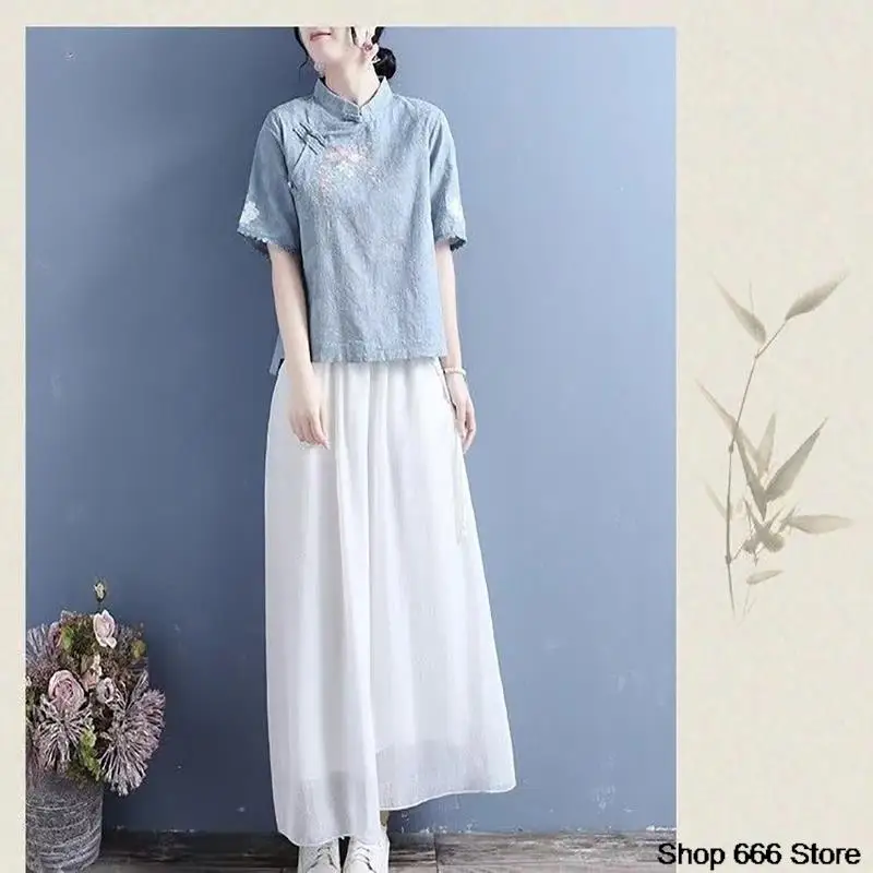 Spring Summer Cotton Linen Solid Color Standing Collar Women's Short Sleeve Top Chinese Style Retro Zen T-shirt Tang Suit Hanfu