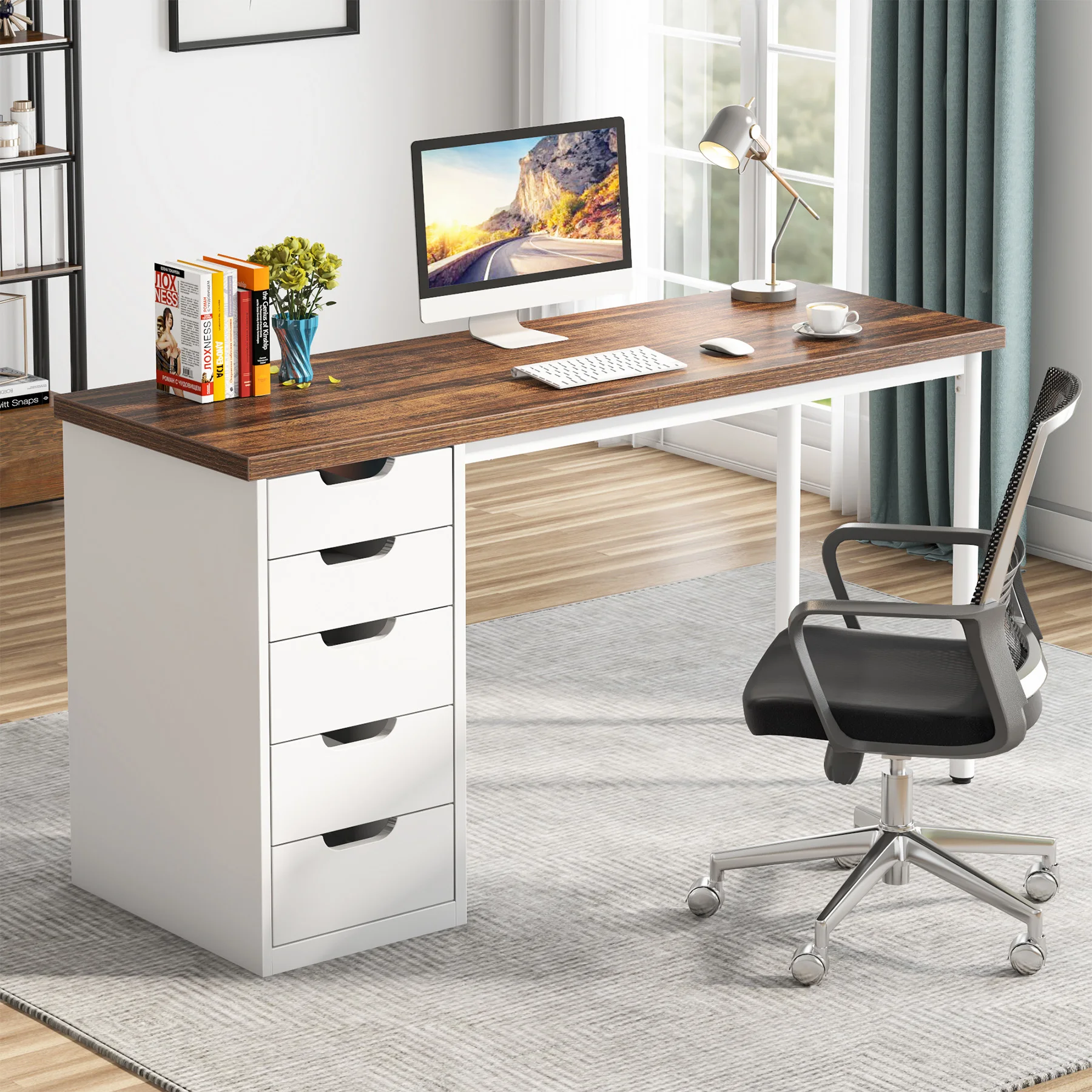Tribesigns Computer Desk with 5 Drawers, 47 inches Rustic Brown Home Office Desk with Storage, Modern Simple Laptop Desk Study W 5