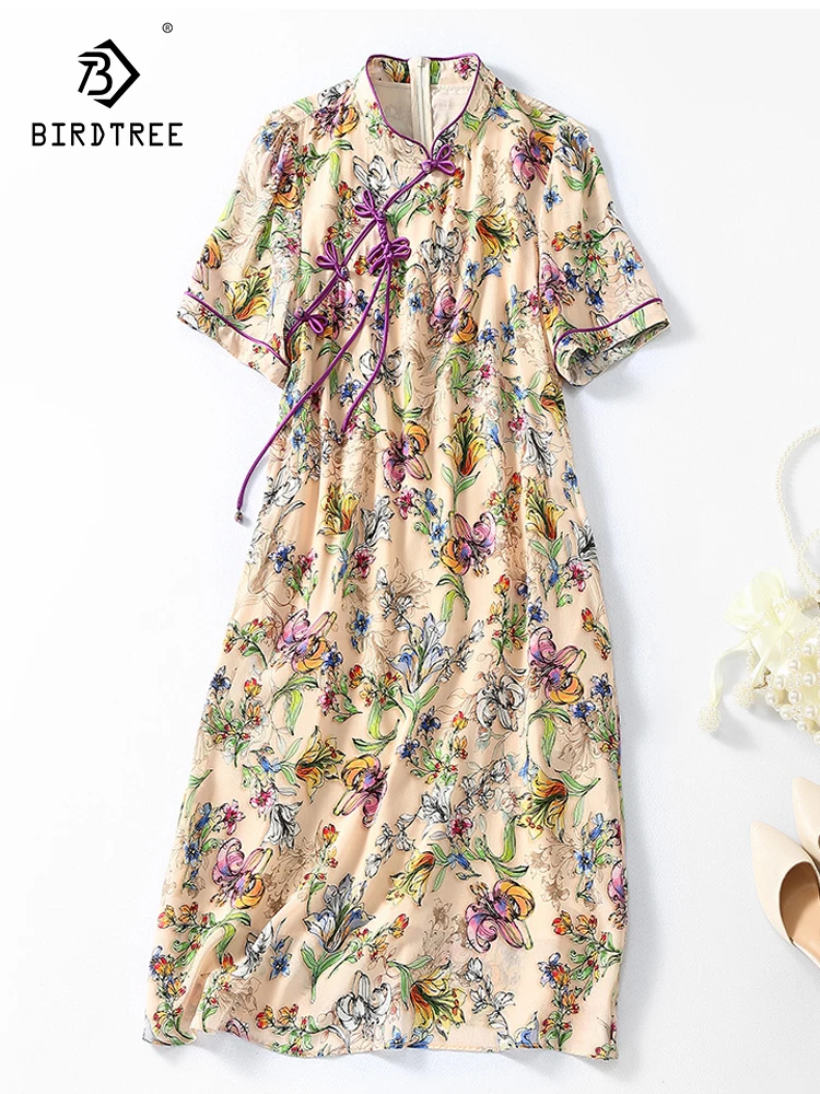 

Birdtree 100%Real Silk Elegant Summer Dresses For Women Short Sleeve Vintage Cheongsam Dress A-line Floral Print Dress D37449QC