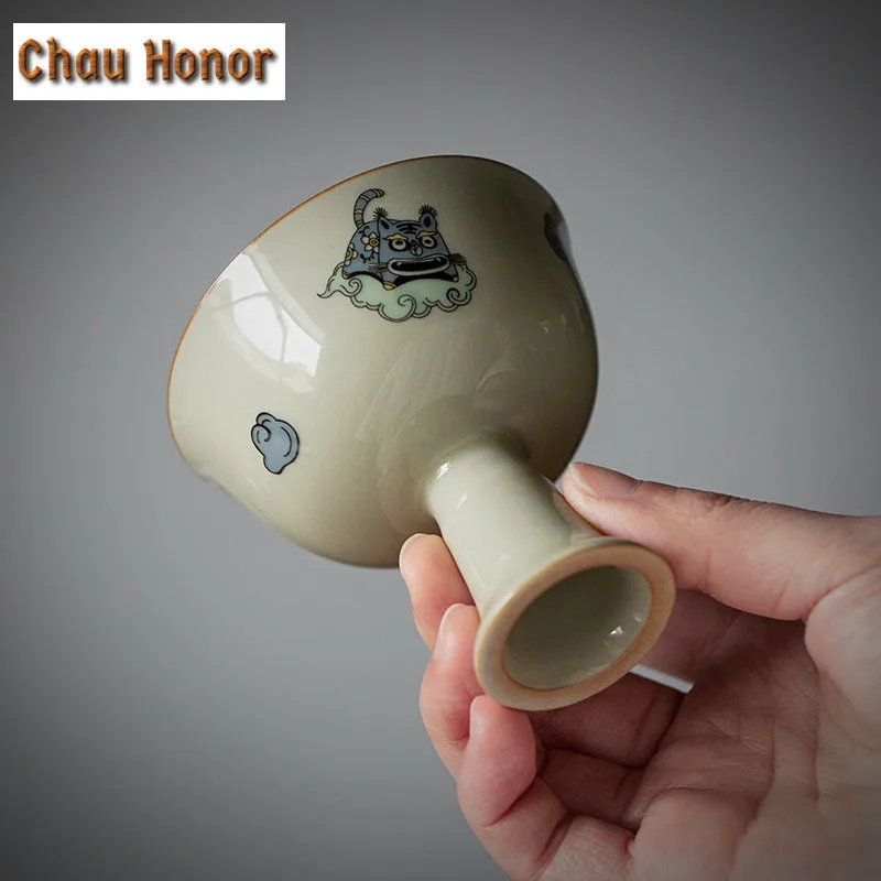 2pc/set 70ml Boutique Honey Galze Tiger Art Ceramic Tea Cups Chinese Style High Foot Master Cup Kung Fu Teaware New Years Gifts