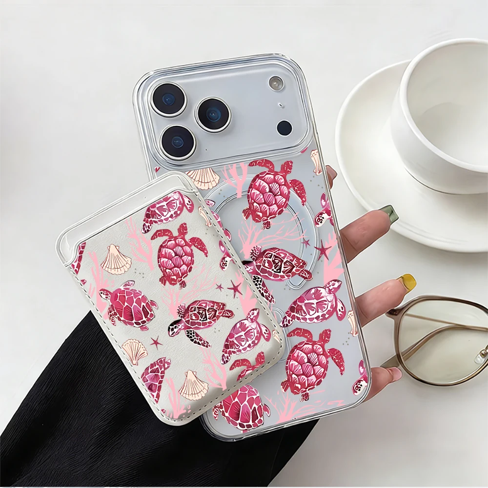 Sea Turtle Clear Phone Case with Card Holder and MagSafe Compatibility