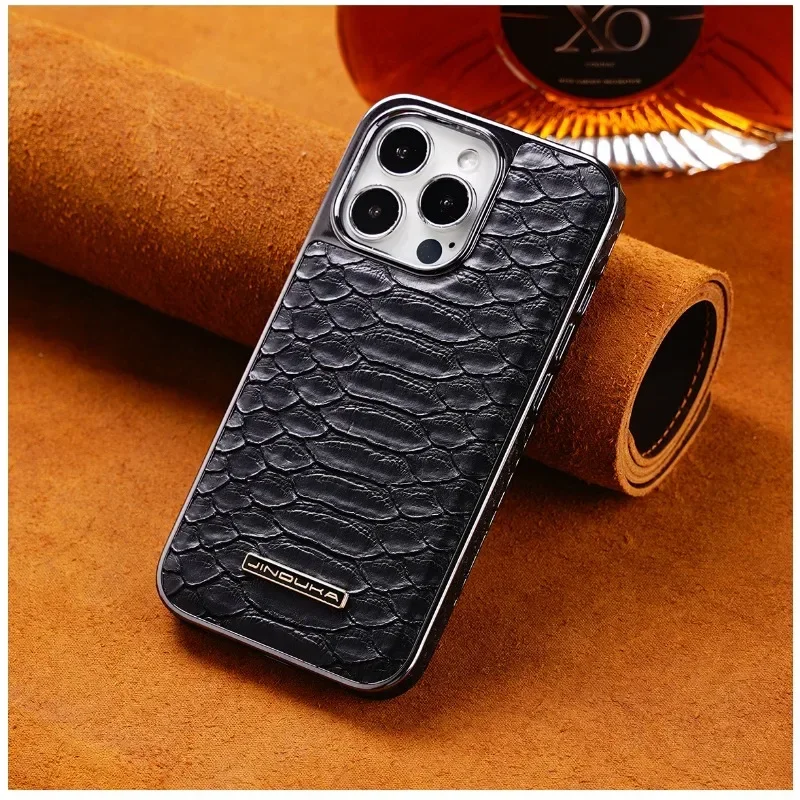 Luxury Python Texture Leather Electroplating Phone Case with Built-in Flannel
