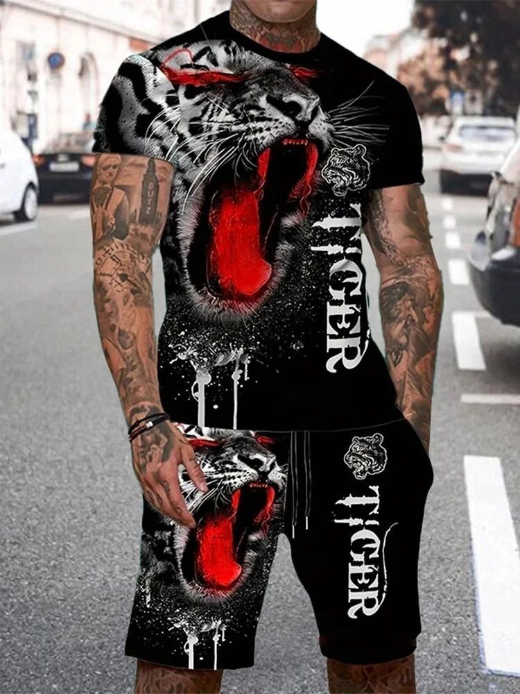 New Men's Summer Casual Everyday Short Sleeve and Shorts Set Cool The Lion King Print T-Shirt and Drawstring Short Set Men's Set 6