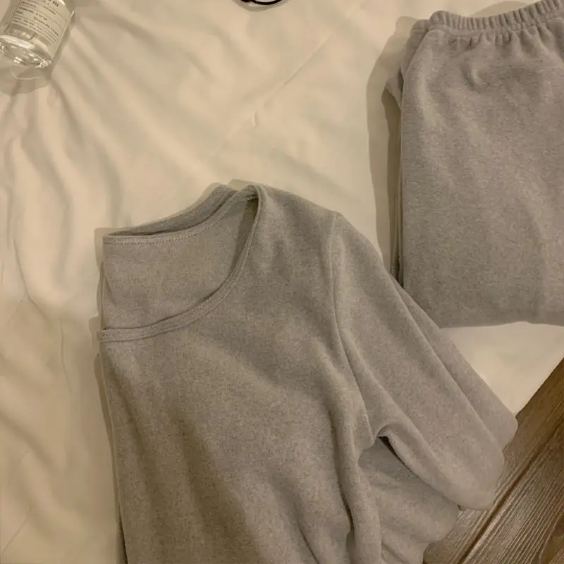 Fleece Long Johns Solid Thermal Underwear Sets Winter Women Clothes Warm Lingerie Long Sleeve Trousers 2 Pieces Thermal Pants