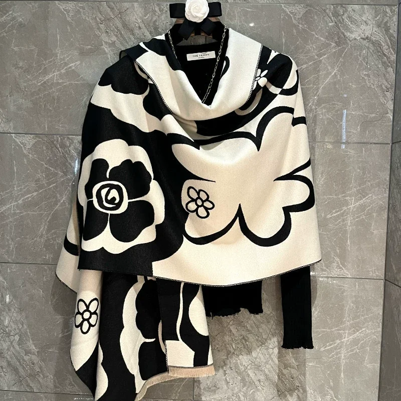 Elegant Camellia Black and White Shawl - Breathable and Warm Polyester Women's Scarf | Perfect for Spring and Fall Fashion 2