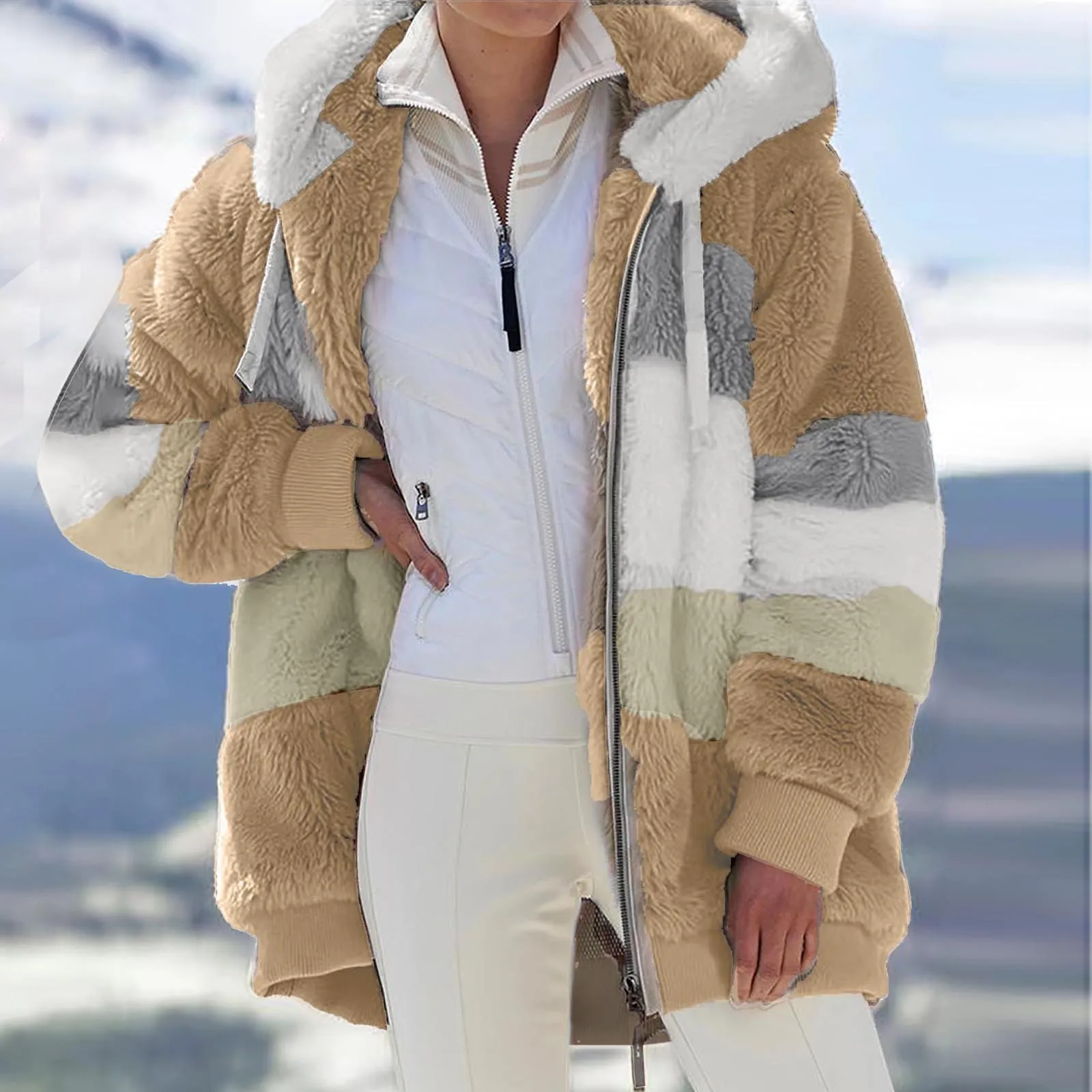 Winter Fashion Fluff Patchwork Zipper Lapel Peacoat