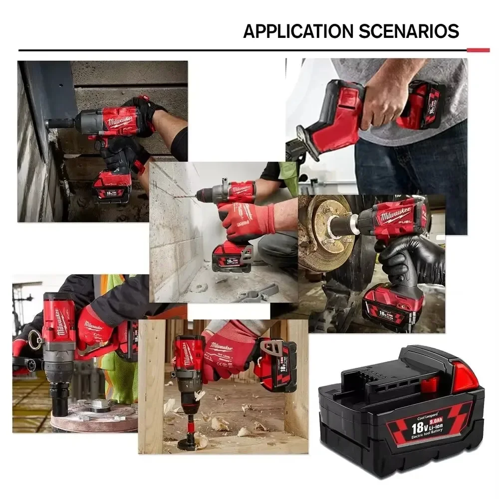 For Milwaukee M18 Power Tool Battery, Charger, BR, XC, 18V, 6000mAh 9000mAh  M18B5, 48-11-1860,2604-22 Built-in 18650 Battery 6