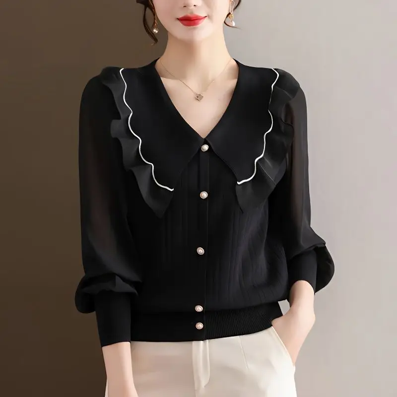 

Fashion Turn-down Collar Ruffles Spliced Blouse Sweet Female Clothing Commute Button Spring Autumn Long Sleeve Knitted Shirt New